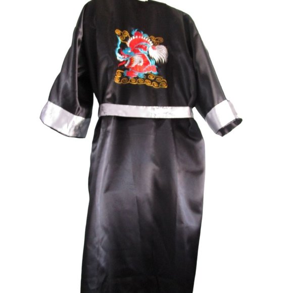 Asian Inspired Embroidered Dragon Reversible Black Gray Robe Men's L Thailand - Picture 2 of 16